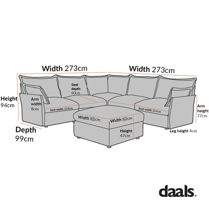 Byron Pillow Edge Beige Fabric Modular Sofa, 5-Seater Corner & Stool Set