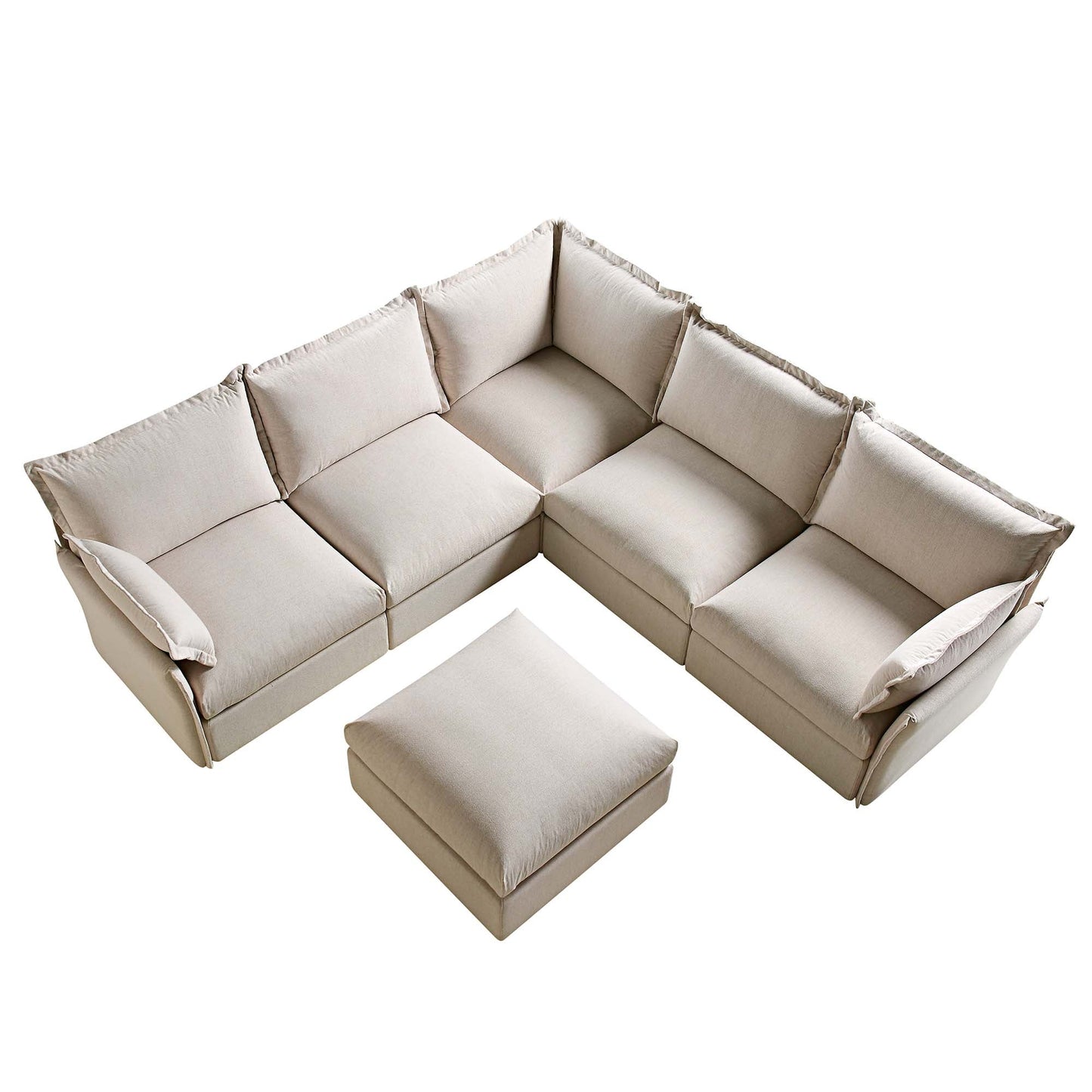 Byron Pillow Edge Beige Fabric Modular Sofa, 5-Seater Corner & Stool Set
