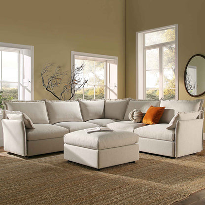 Byron Pillow Edge Beige Fabric Modular Sofa, 5-Seater Corner & Stool Set