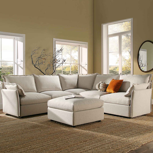 Byron Pillow Edge Beige Fabric Modular Sofa, 5-Seater Corner & Stool Set