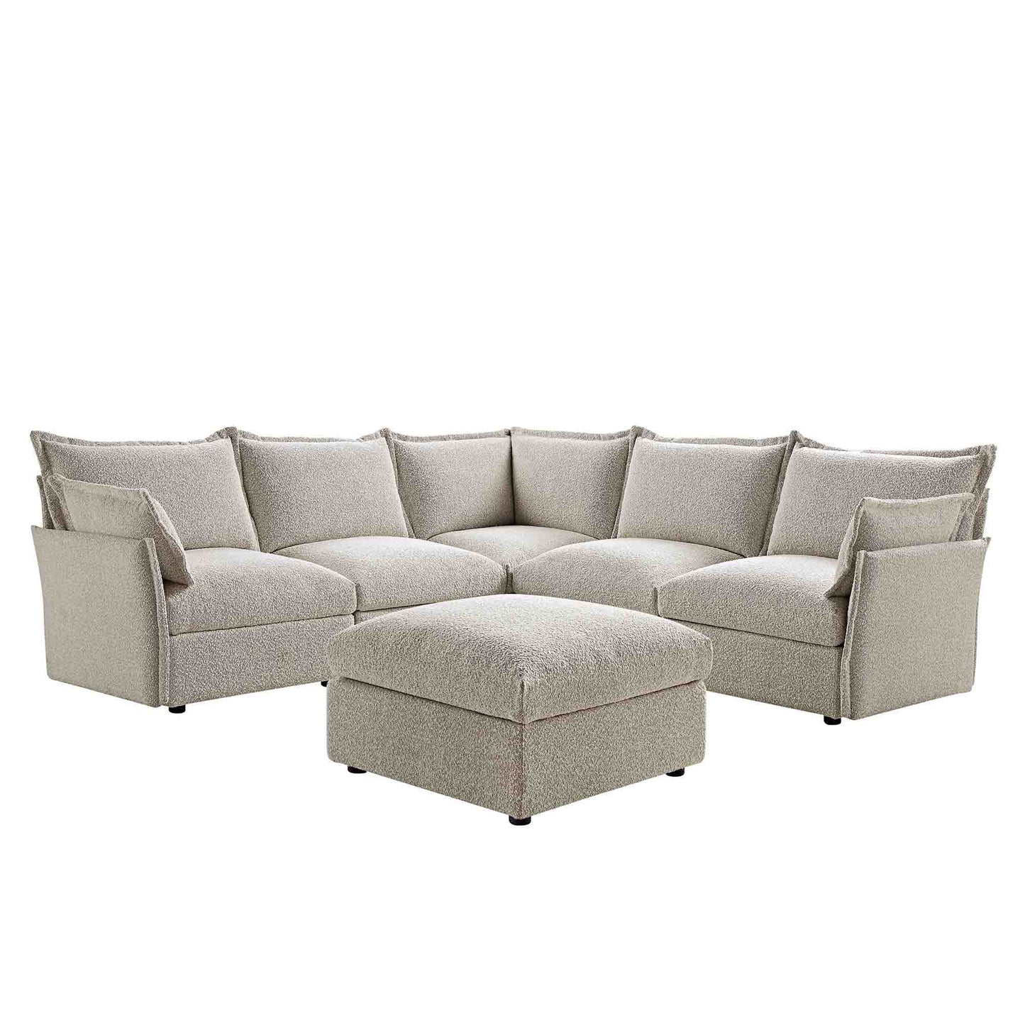 Byron Pillow Edge Mist Grey Boucle Modular Sofa, 5-Seater Corner & Stool Set