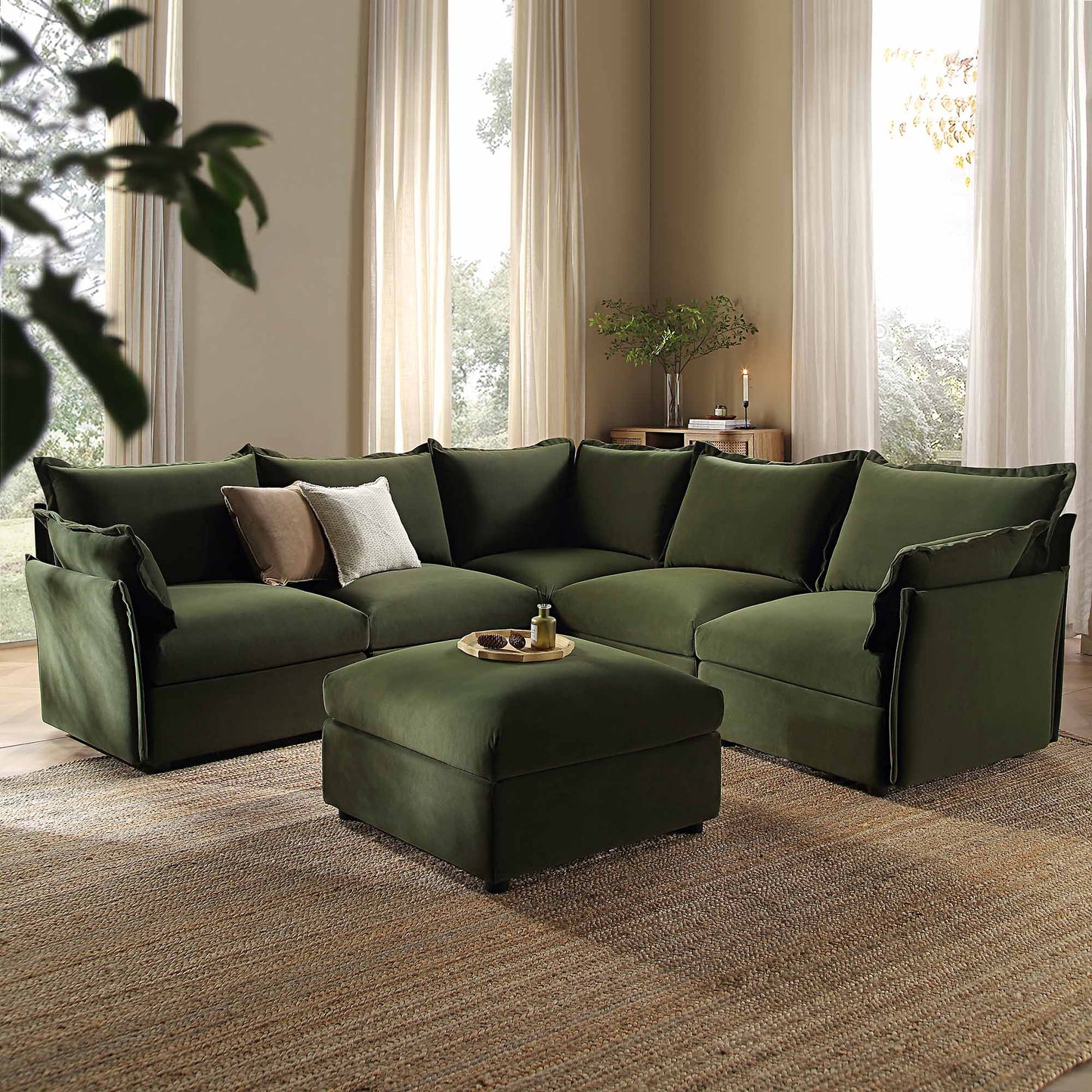 Byron Pillow Edge Moss Green Velvet Modular Sofa, 5-Seater Corner & Stool Set