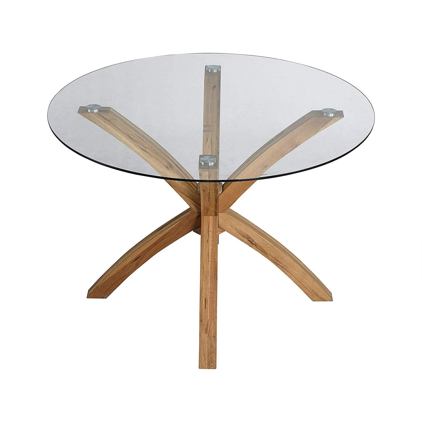 Lugano 110cm Round Glass Top Solid Oak Legs Dining Table
