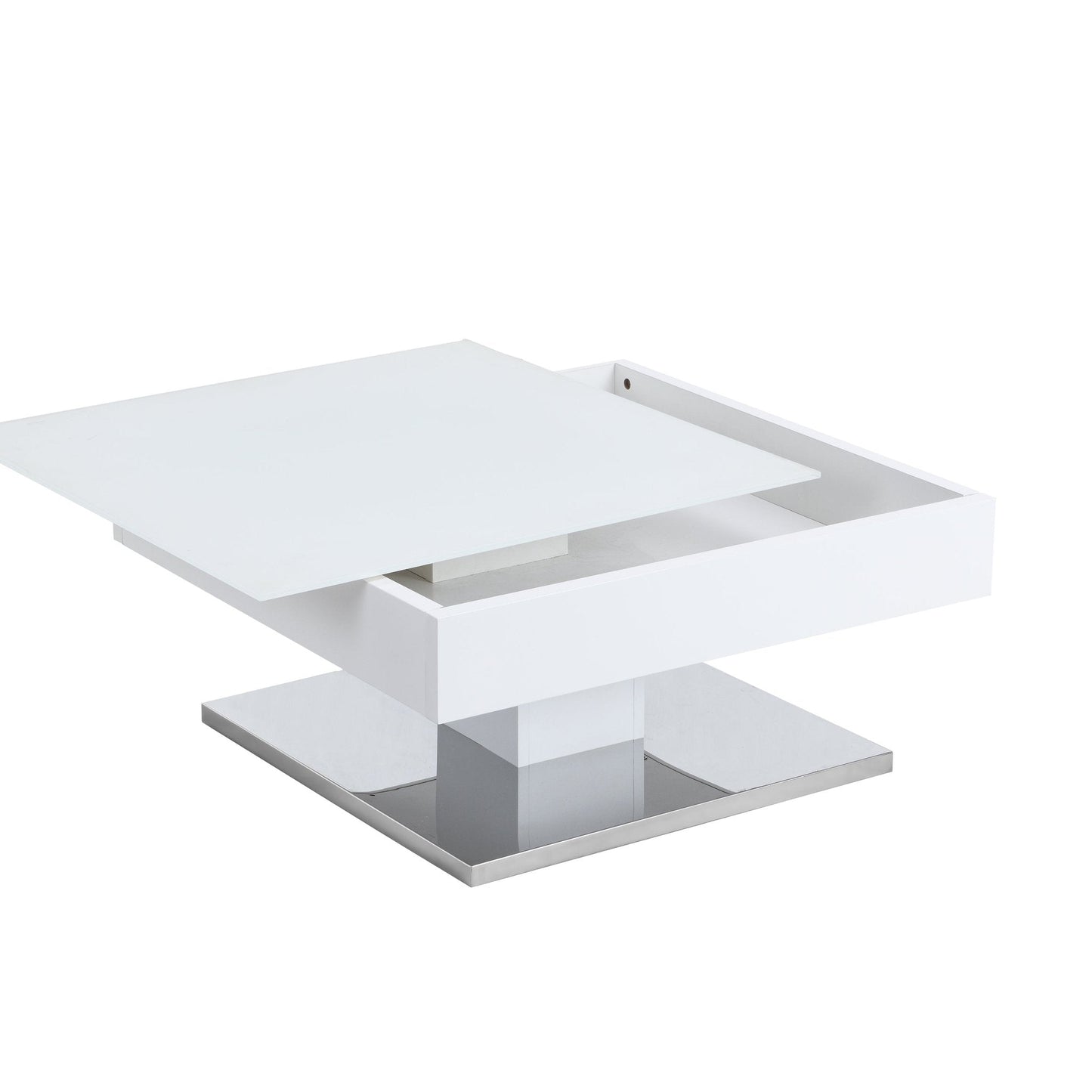 Finch White Swivel Frosted Glass Top Coffee Table with Stainless Steel Base
