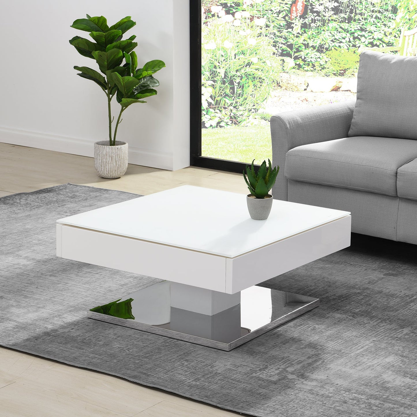 Finch White Swivel Frosted Glass Top Coffee Table with Stainless Steel Base