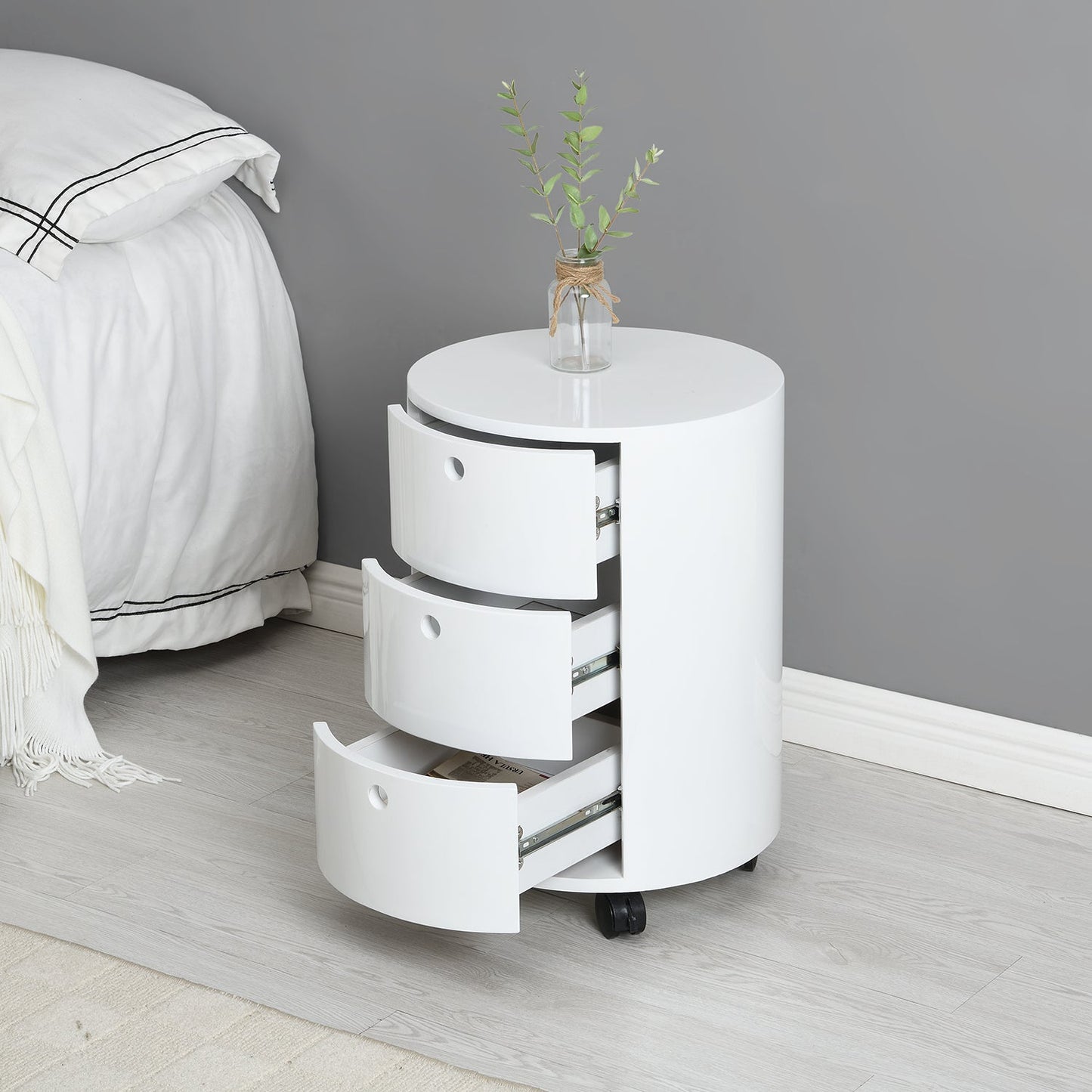 DOLIO Drum Chest Bedside Table, Barrel Side Table with Drawers High Gloss White 3 Drawer