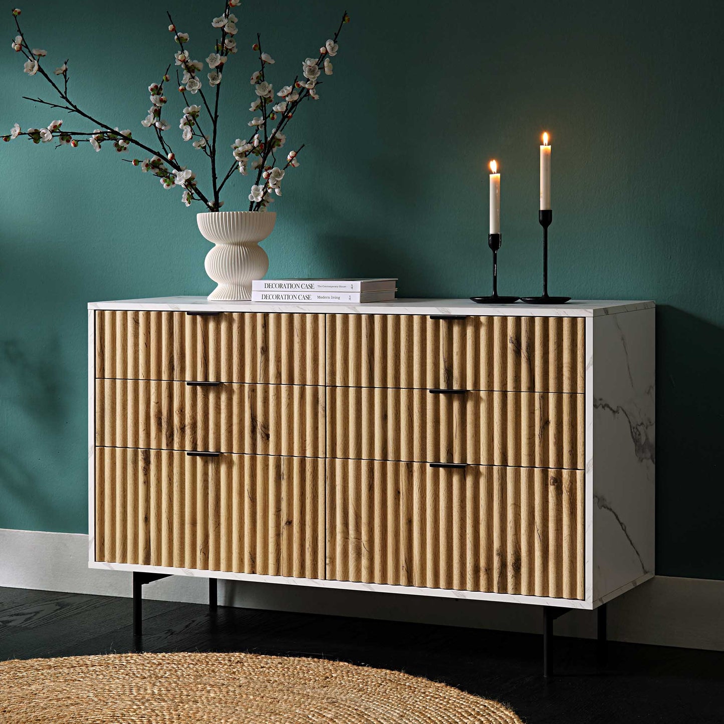 Aspen Oak and Marble Effect 6-Drawer Chest of Drawers