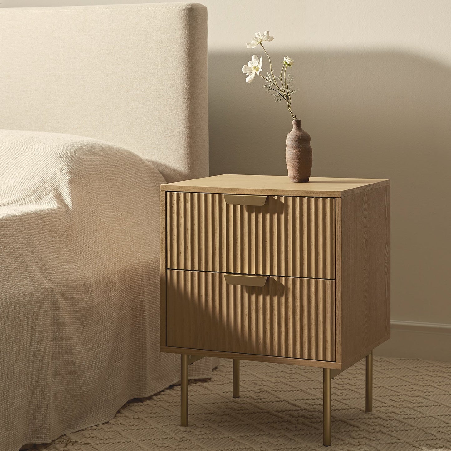 Richmond Ridged 2 Drawer Bedside Table, Light Ash