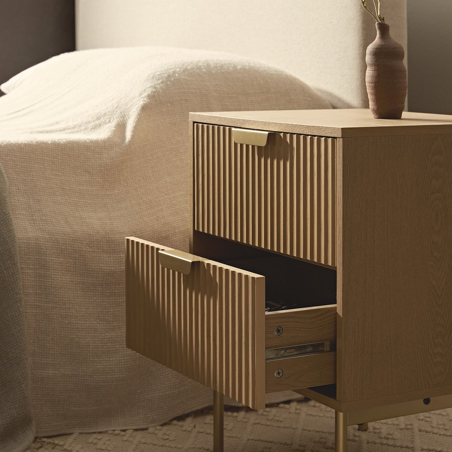 Richmond Ridged 2 Drawer Bedside Table, Light Ash