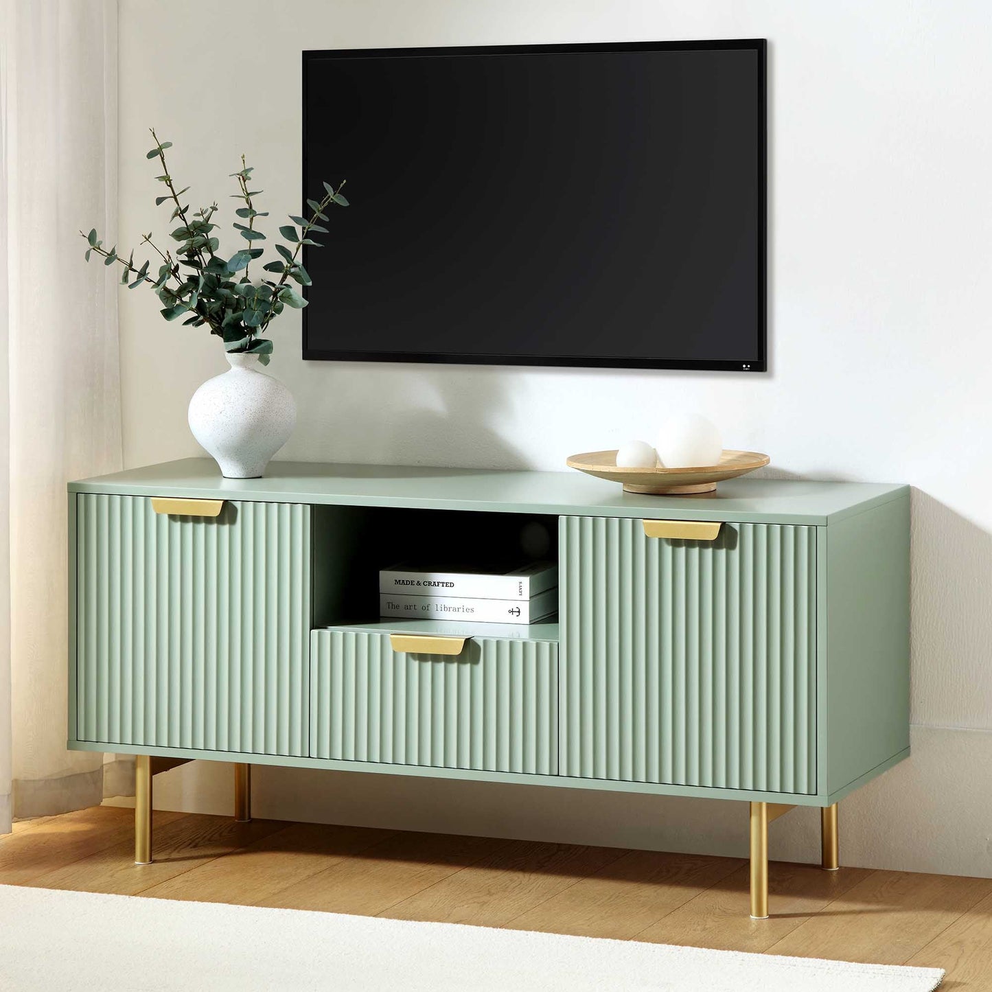 Richmond Ridged 120cm Wide TV Media Unit, Matte Sage Green