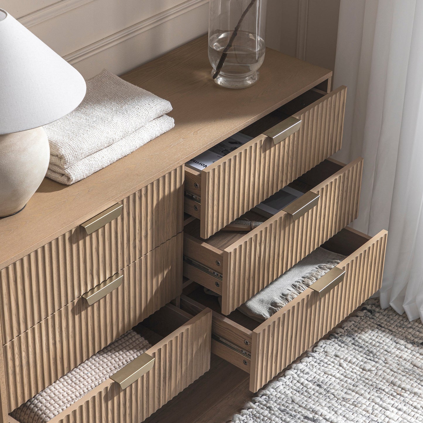 Richmond Ridged Wide Chest of 6 Drawers, Light Ash