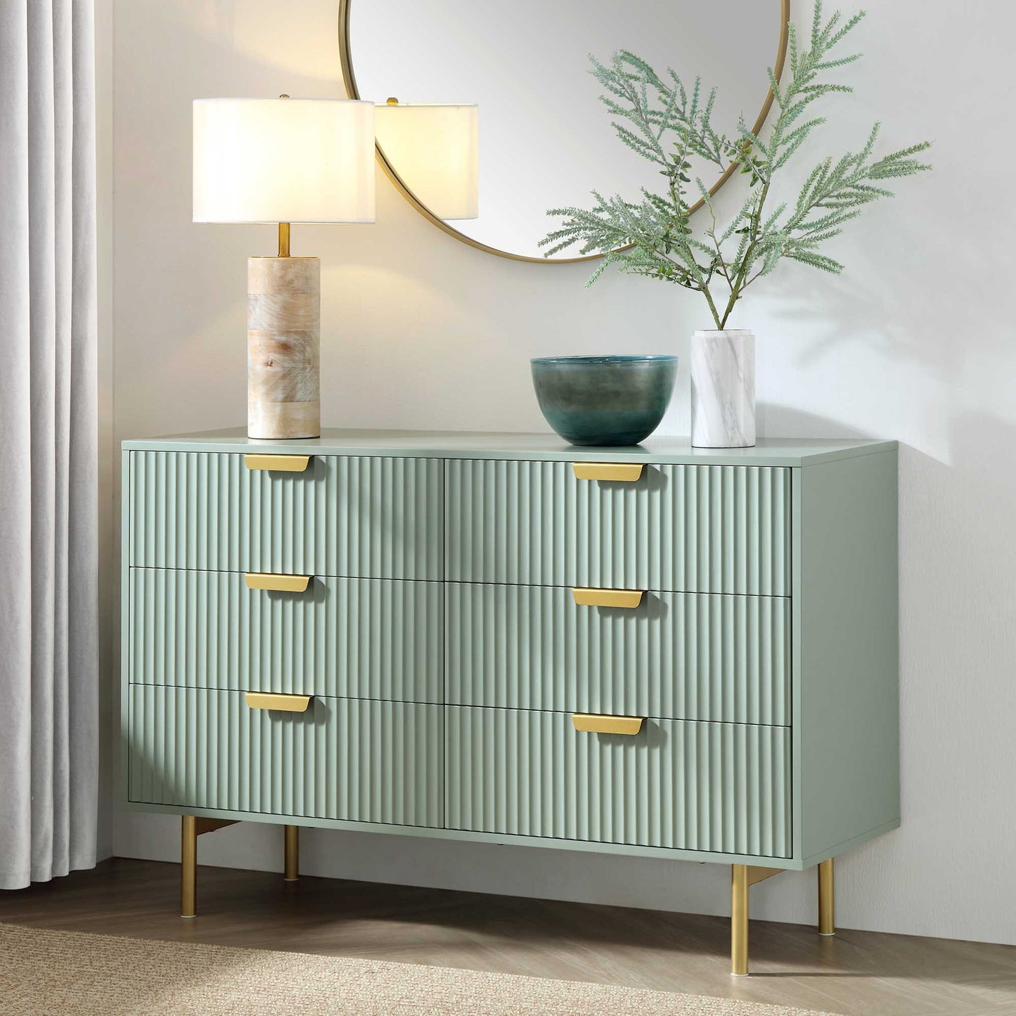 Richmond Ridged Wide Chest of 6 Drawers, Matte Sage Green