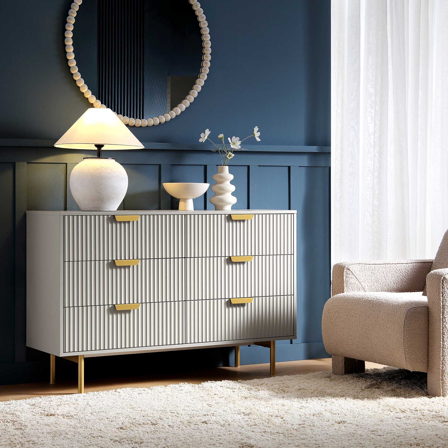 Richmond Ridged Wide Chest of 6 Drawers, Matte Taupe