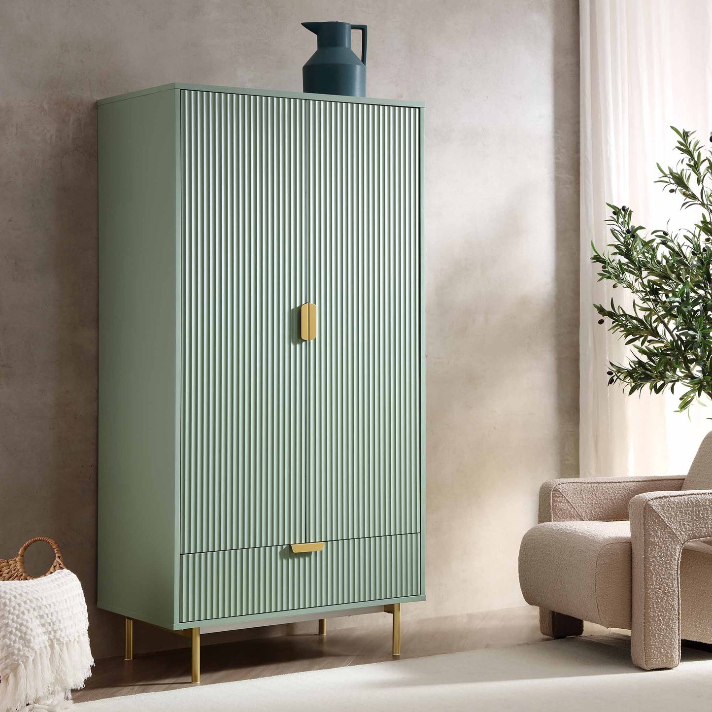 Richmond Ridged Double Wardrobe with Drawer, Matte Sage Green