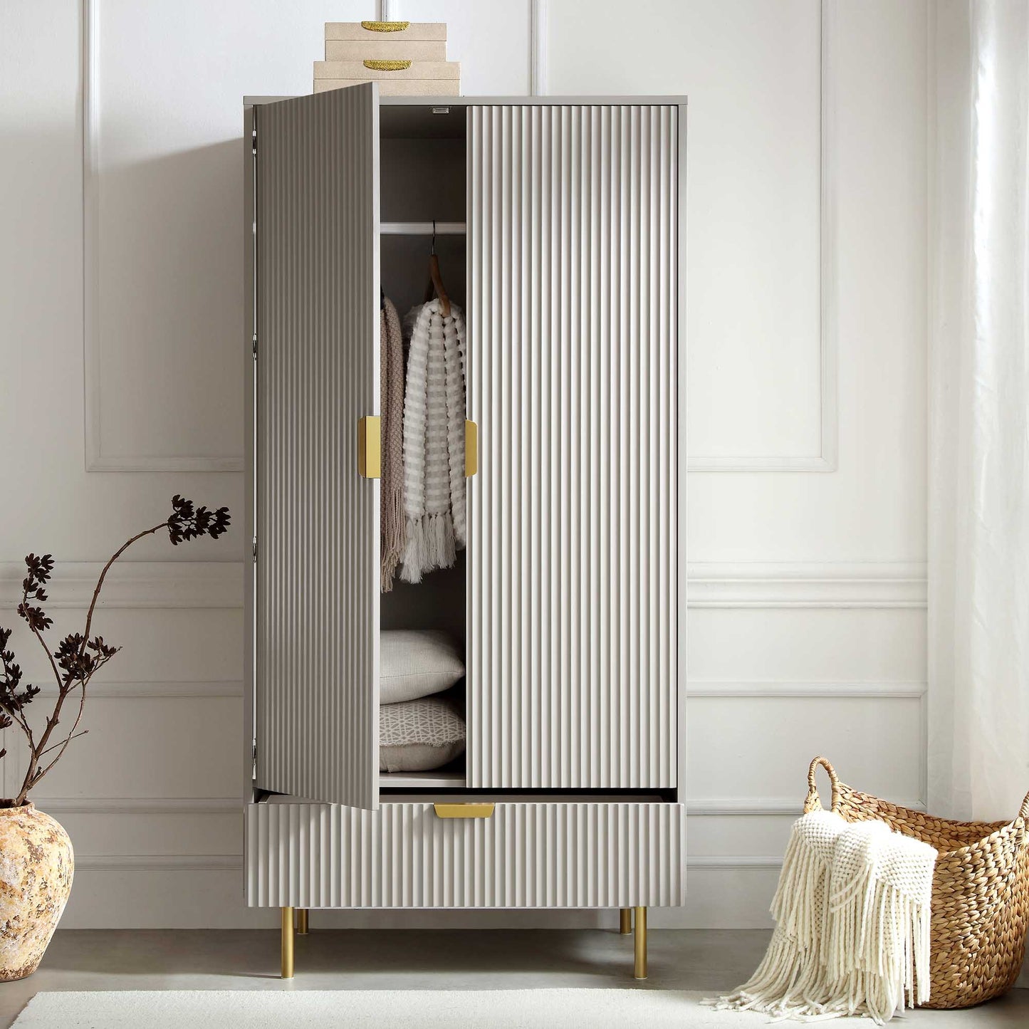 Richmond Ridged Double Wardrobe with Drawer, Matte Taupe