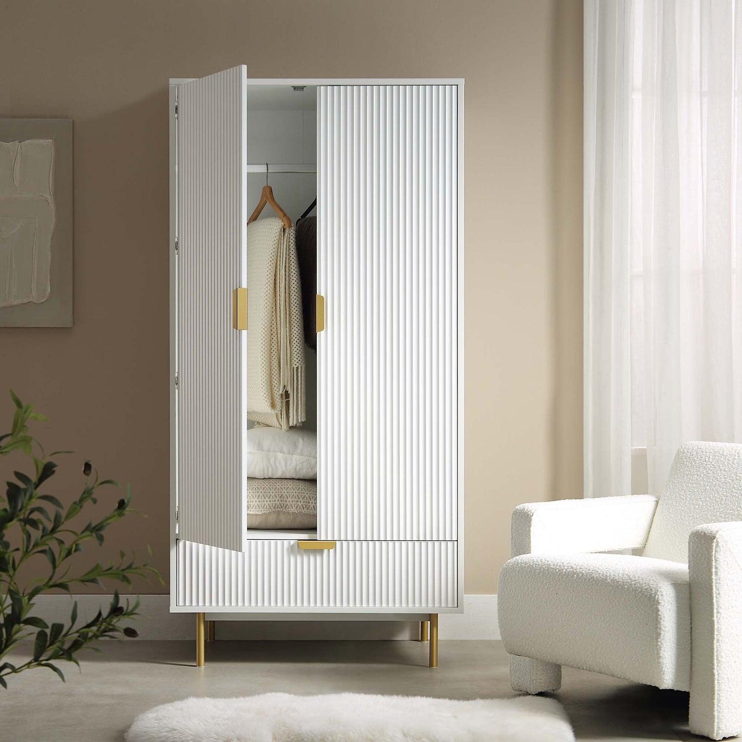 Richmond Ridged Double Wardrobe with Drawer, Matte White