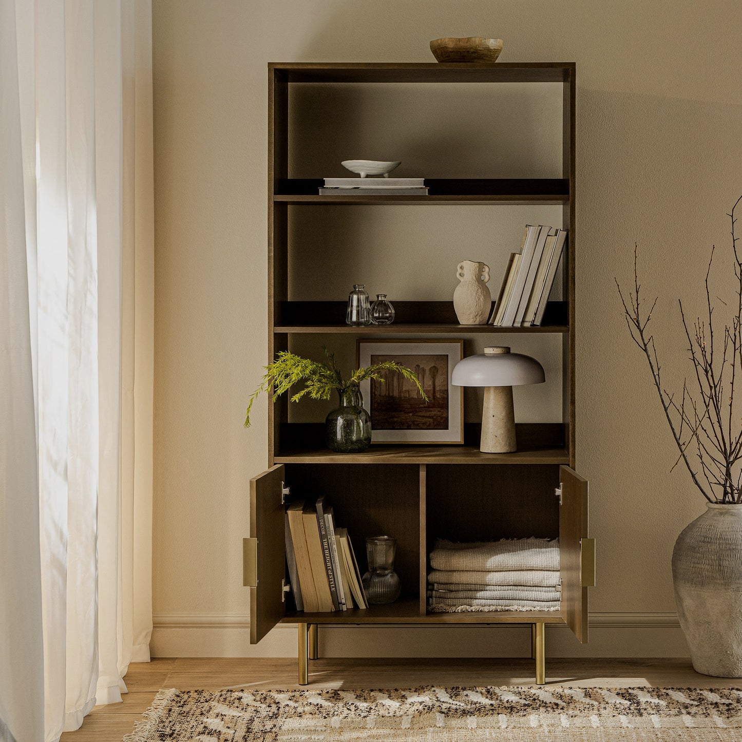 Richmond Ridged Tall Bookcase with Doors, Dark Ash
