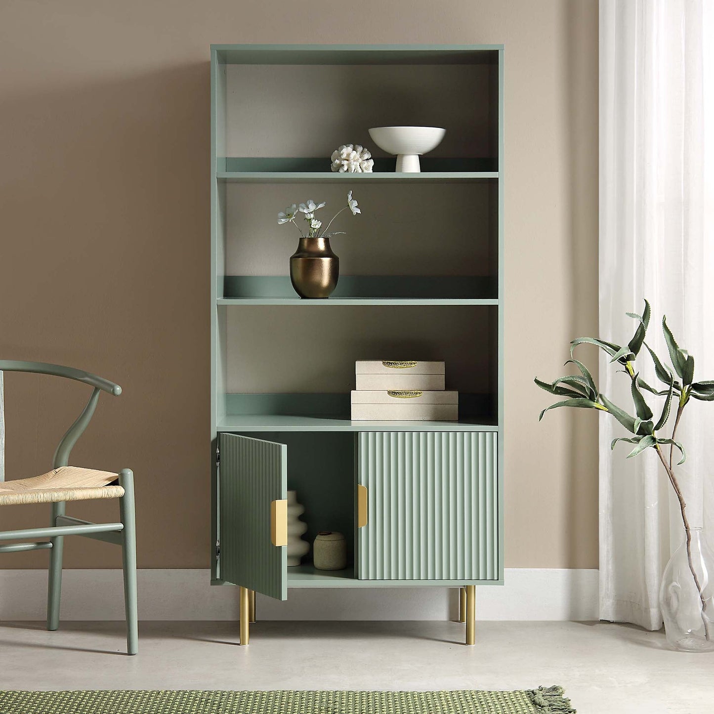 Richmond Ridged Tall Bookcase with Doors, Matte Sage Green