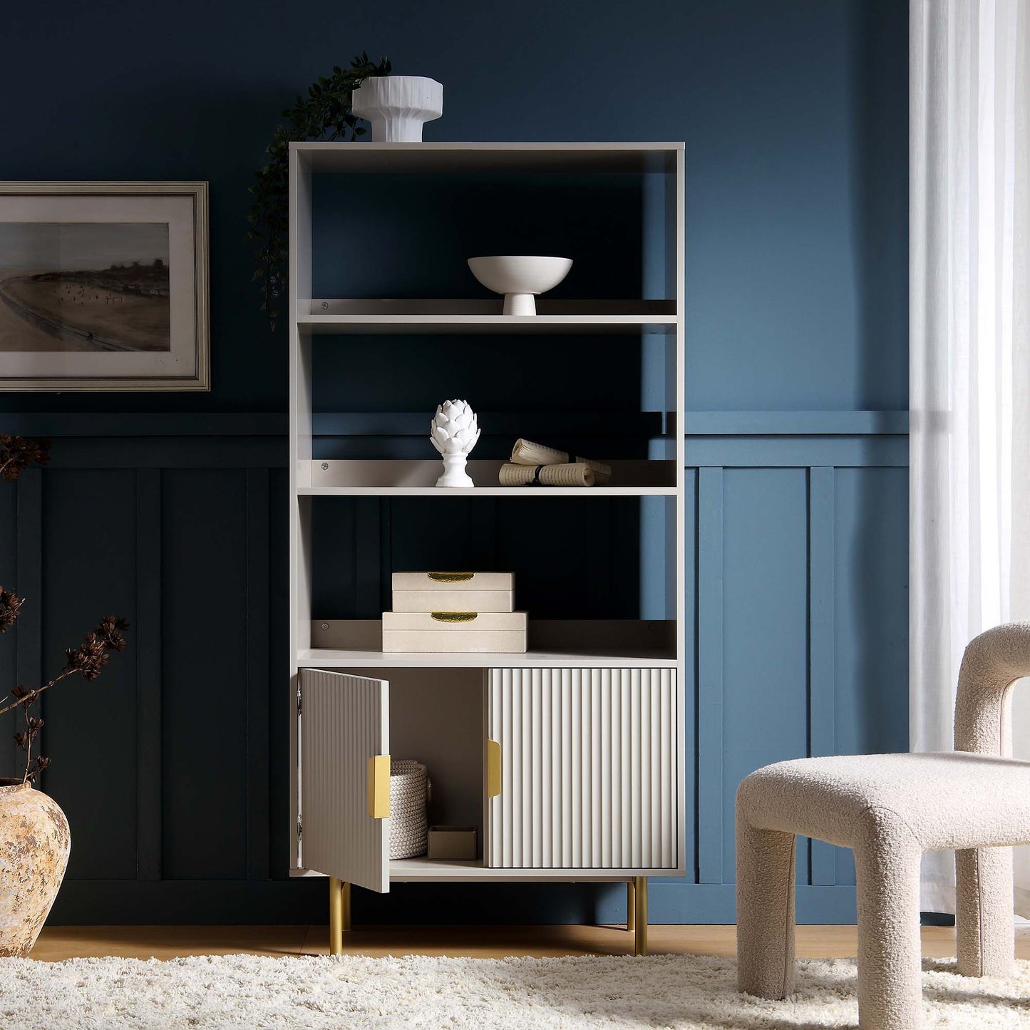 Richmond Ridged Tall Bookcase with Doors, Matte Taupe