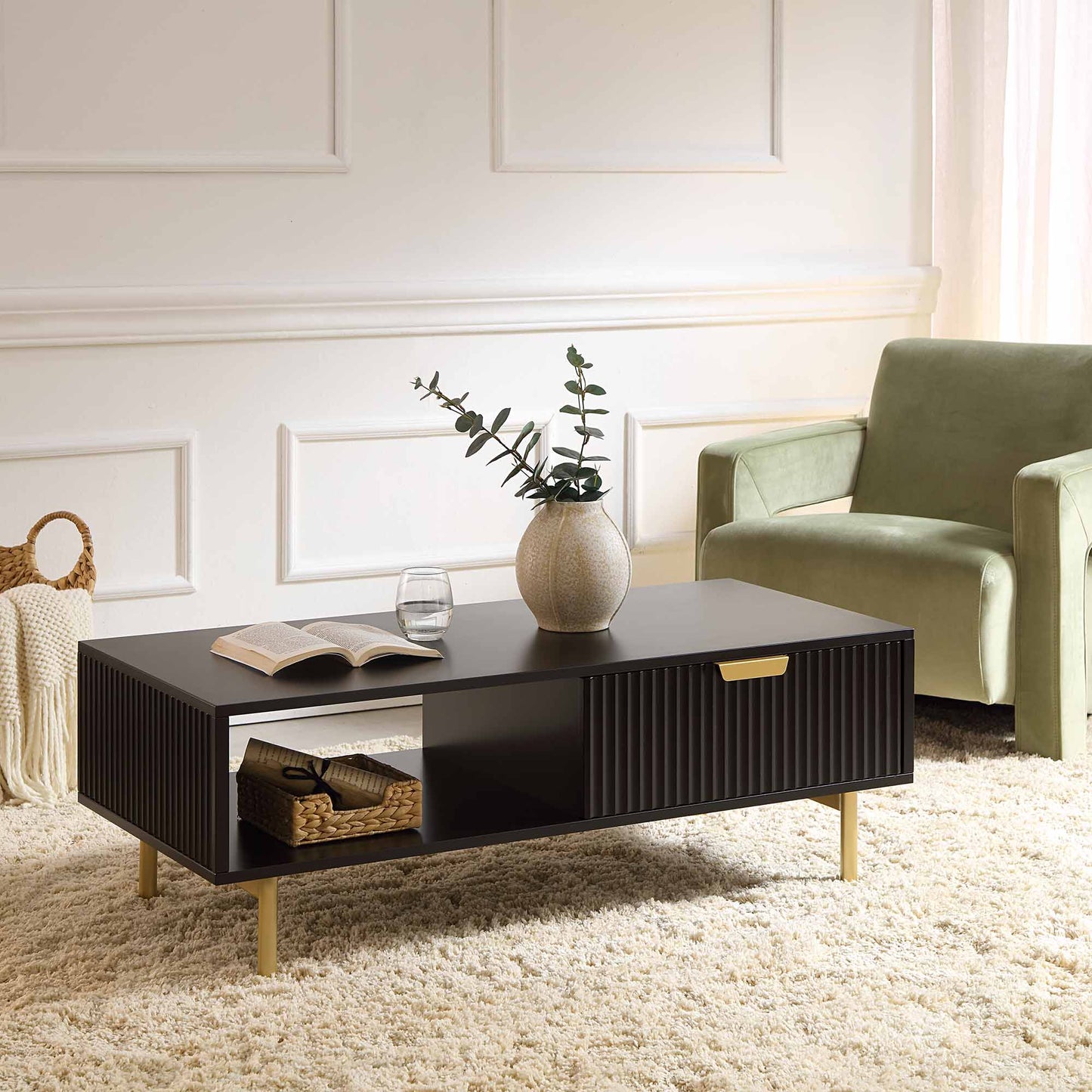 Richmond Ridged Coffee Table with Drawer, Matte Black
