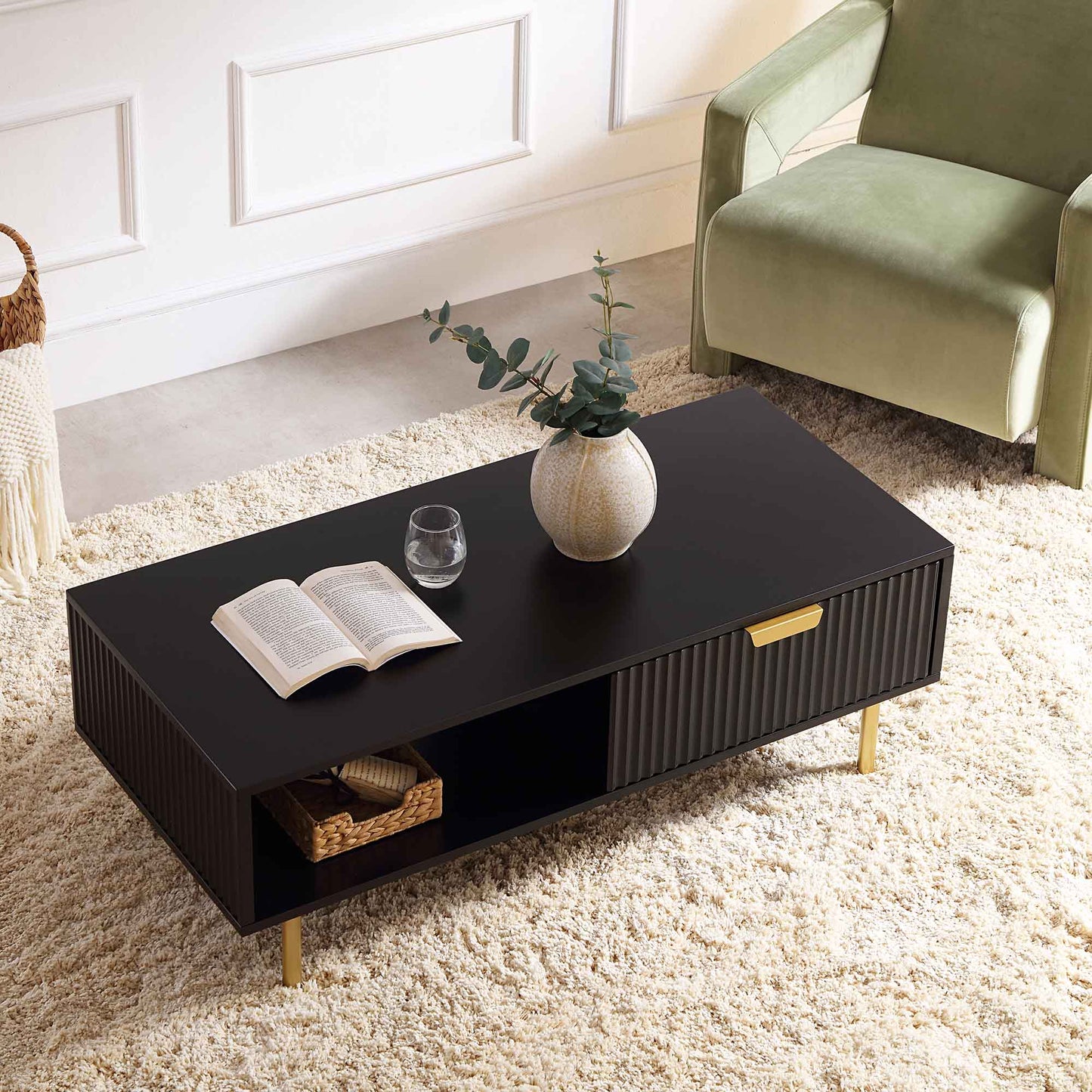 Richmond Ridged Coffee Table with Drawer, Matte Black
