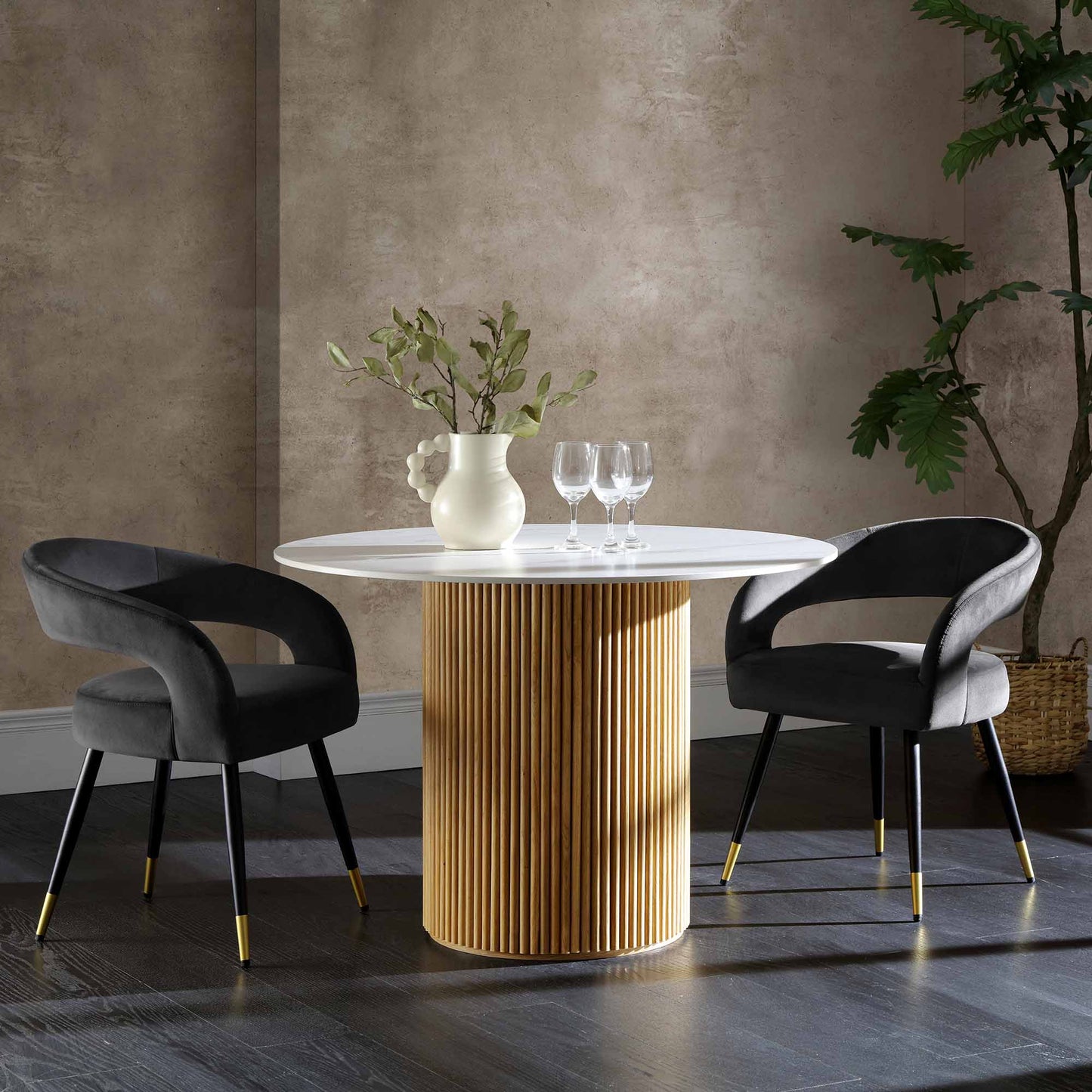 Maru Ceramic Top Oak Pedestal Round Dining Table