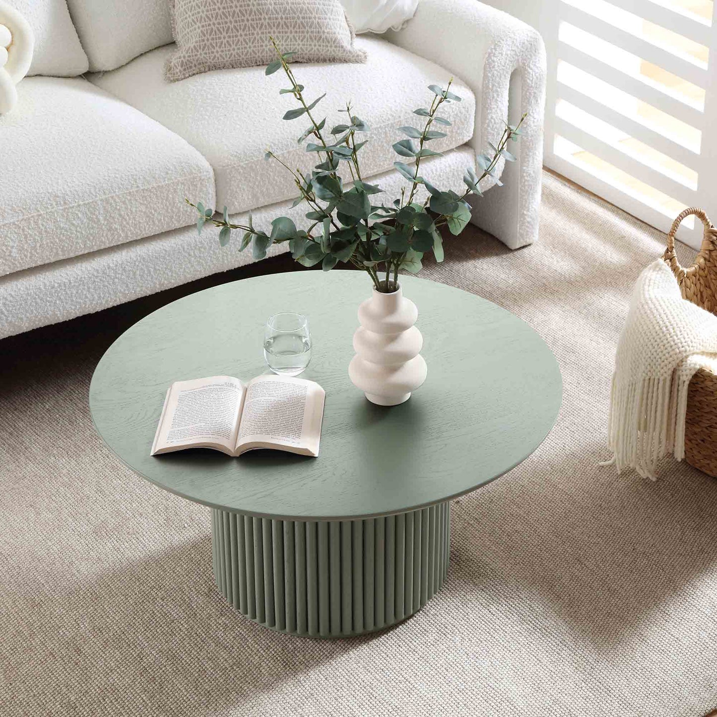 Maru Round Oak Pedestal Coffee Table, Sage Green