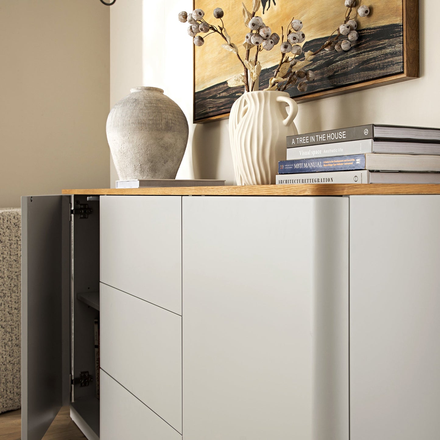 Agnes Curved Edge 2 Door 3 Drawer Wide Sideboard, Dove Grey with Oak Top