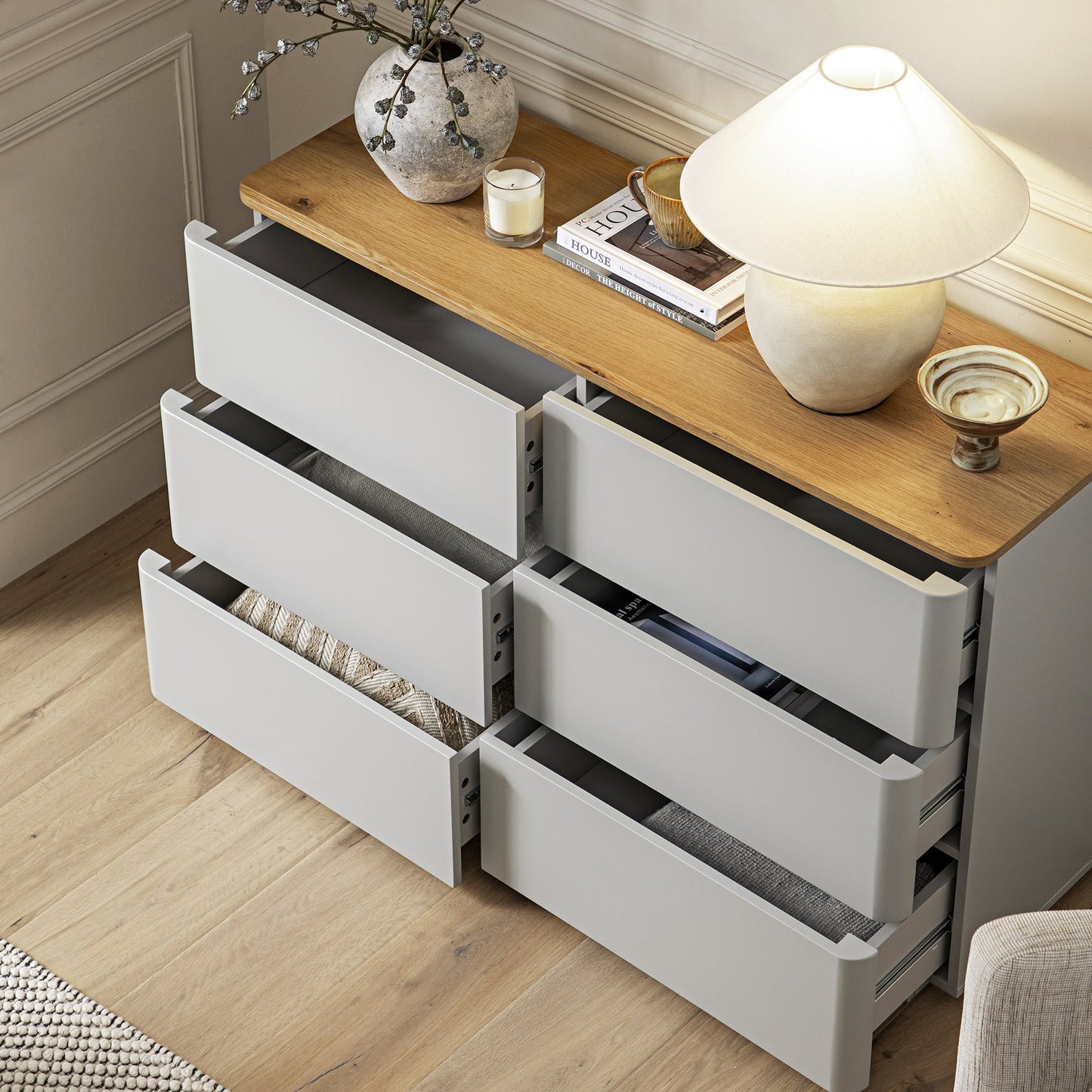 Agnes Curved Edge Chest of 6 Drawers, Dove Grey with Oak Top