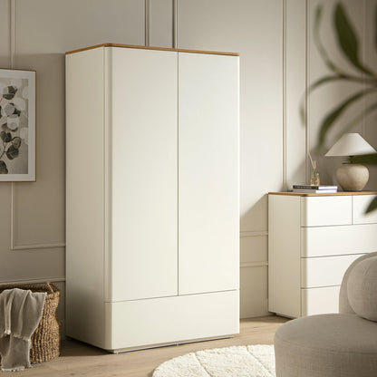 Agnes Curved Edge Double Wardrobe, Off White with Oak Top