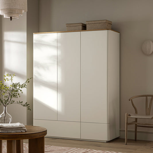 Agnes Curved Edge Triple Wardrobe, Off White with Oak Top