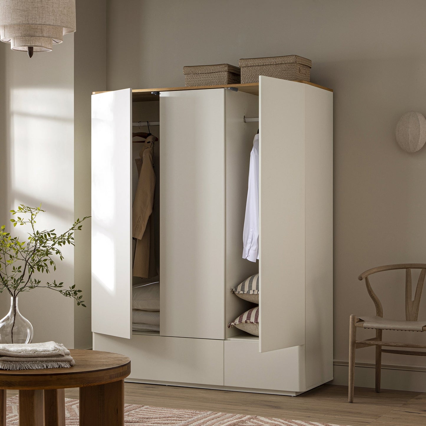 Agnes Curved Edge Triple Wardrobe, Off White with Oak Top