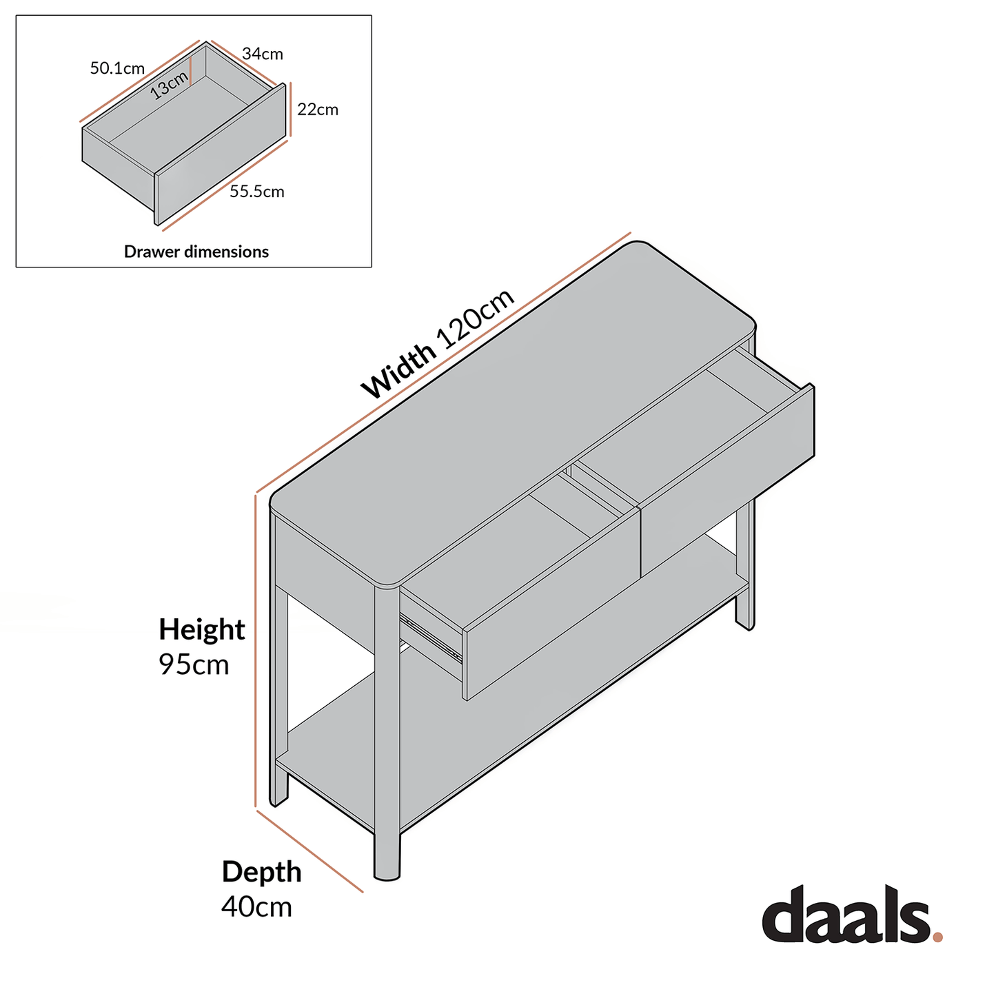 Agnes Curved Edge 2 Drawer Console Table, Dove Grey with Oak Top