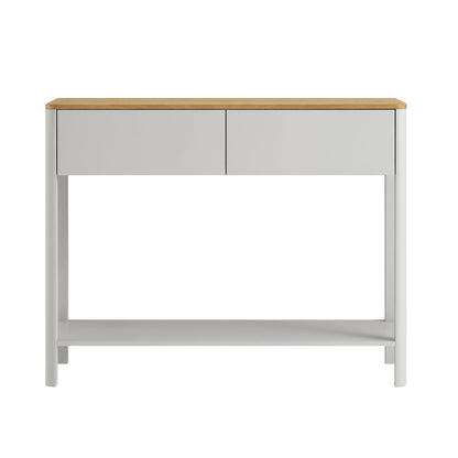 Agnes Curved Edge 2 Drawer Console Table, Dove Grey with Oak Top