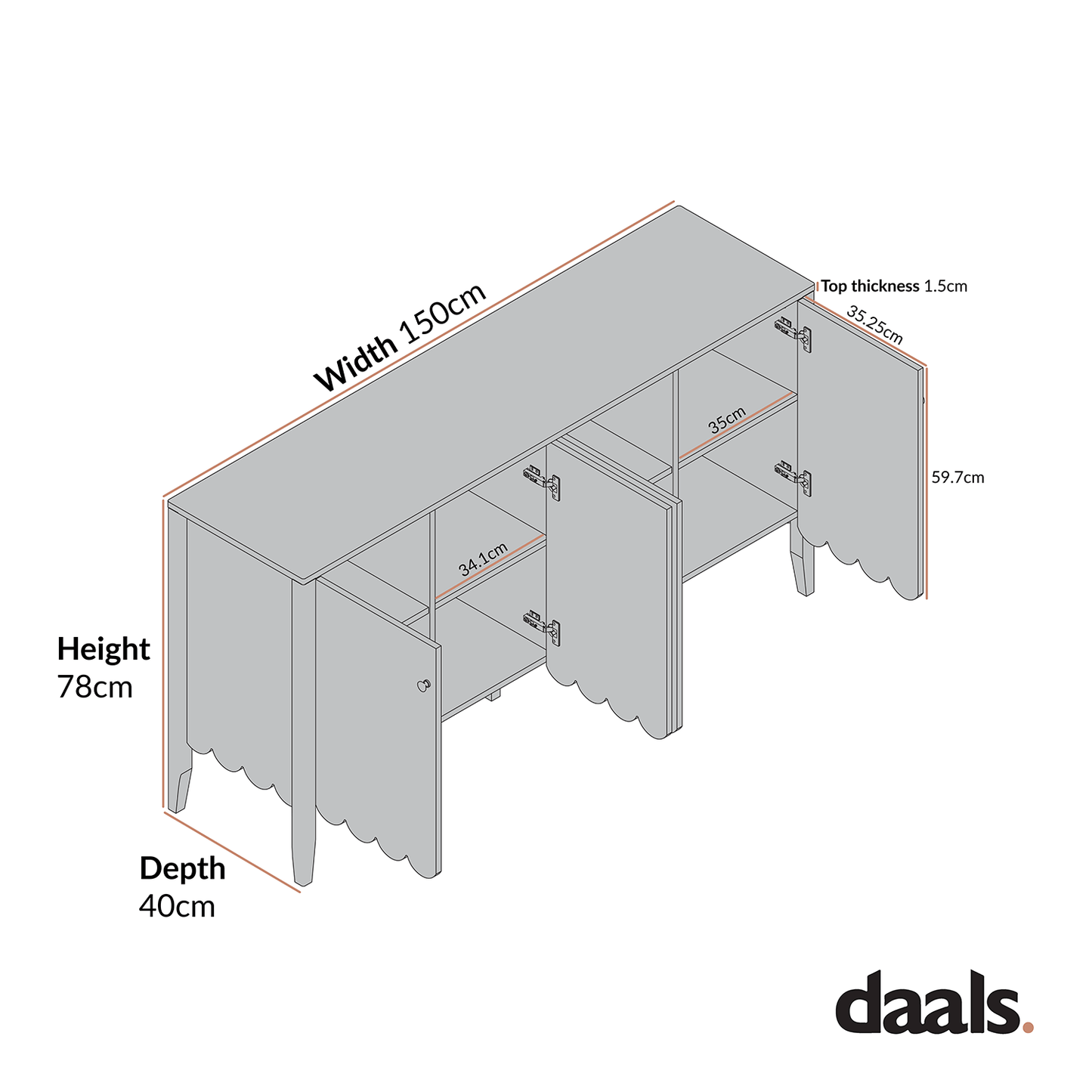 Henley Scalloped Edge 150cm Wide Sideboard, Sage Green