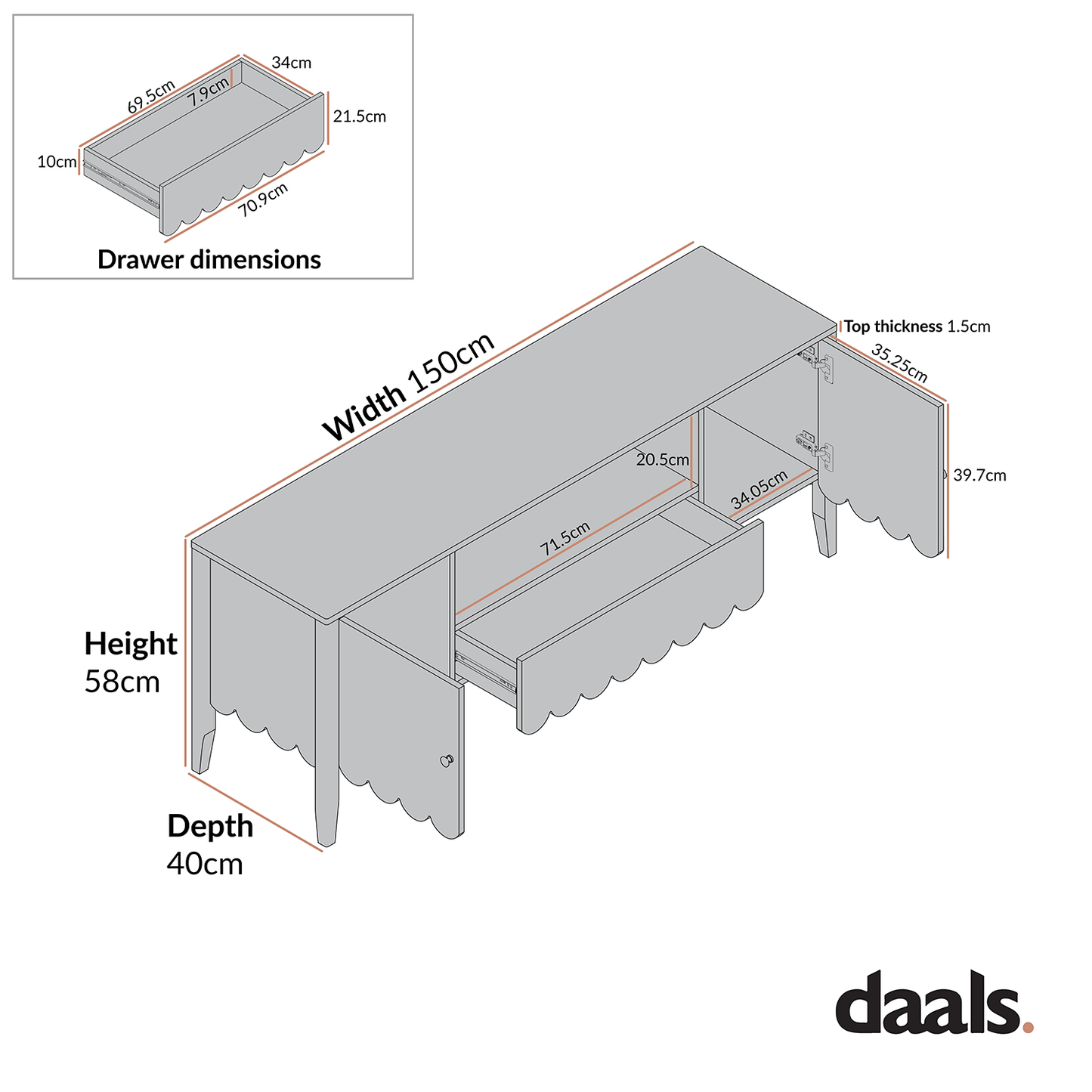 Henley Scalloped Edge 150cm Wide TV Unit, Blue Spruce