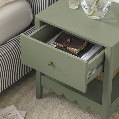 Henley Scalloped Edge Bedside Table with Drawer, Sage Green