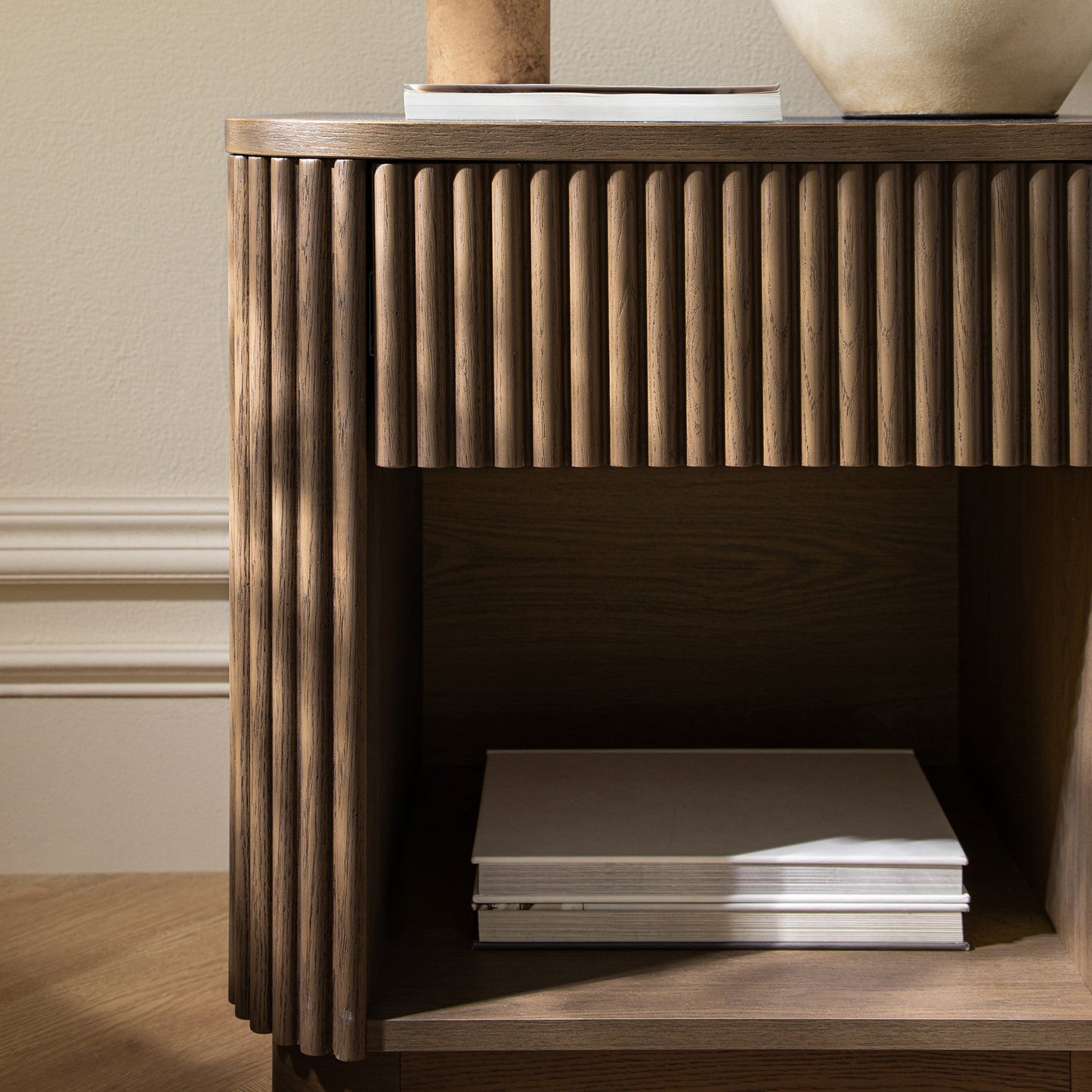 Maru 1-Drawer Bedside Table, Silver Oak