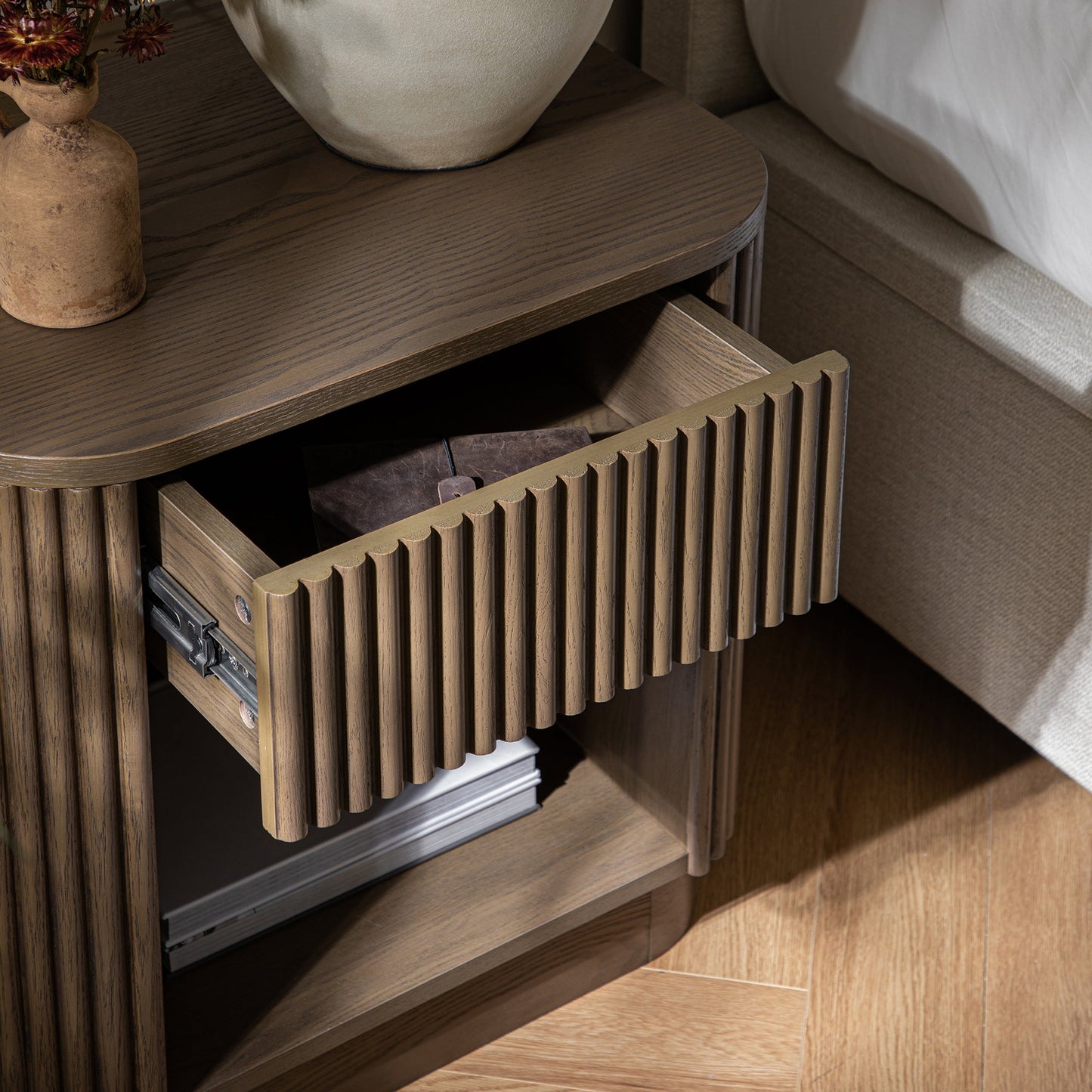 Maru 1-Drawer Bedside Table, Silver Oak