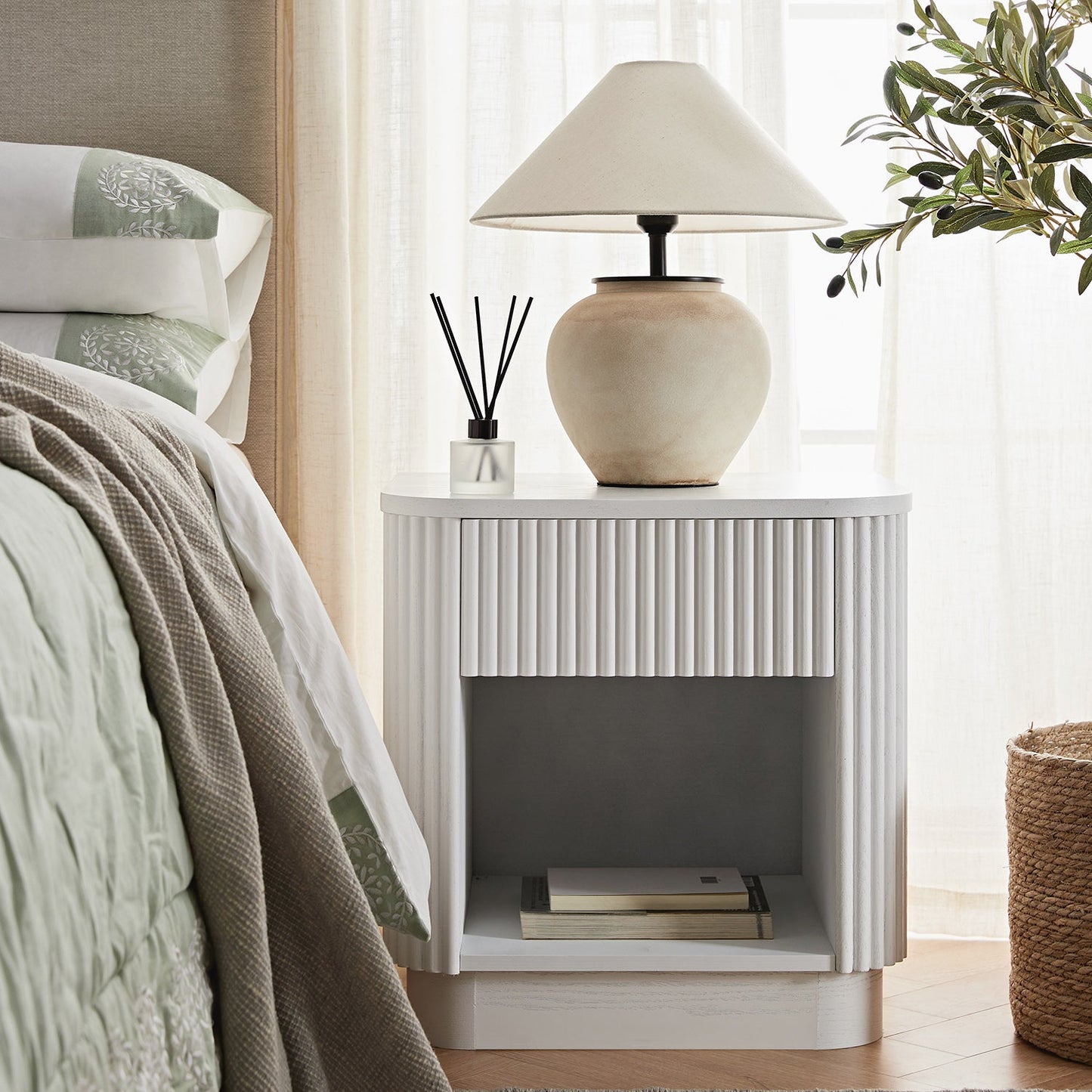 Maru 1-Drawer Bedside Table, Washed White