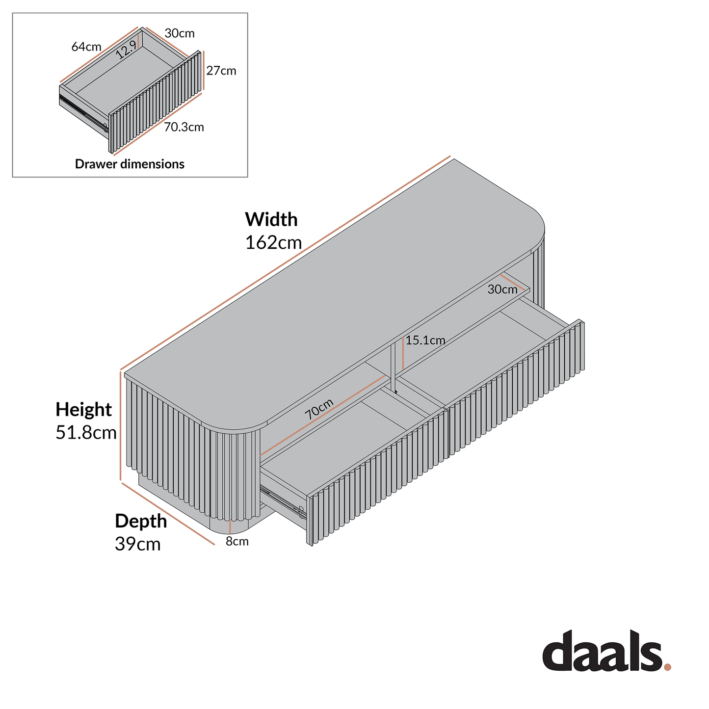 Maru 162cm TV Unit with Drawers, Black