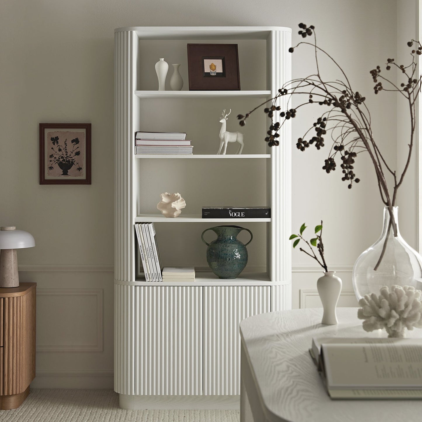 Maru Bookcase with Cabinet, Washed White