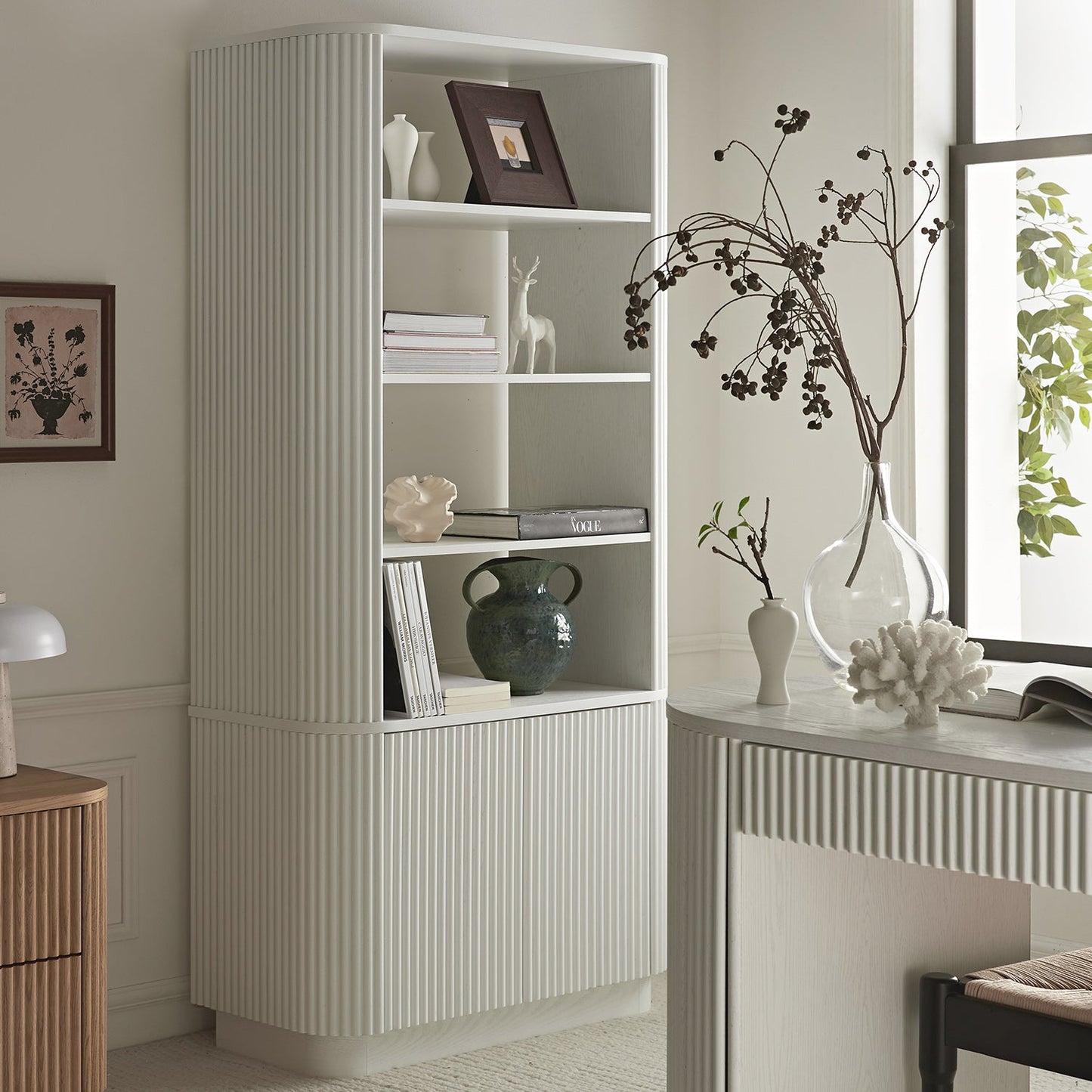 Maru Bookcase with Cabinet, Washed White