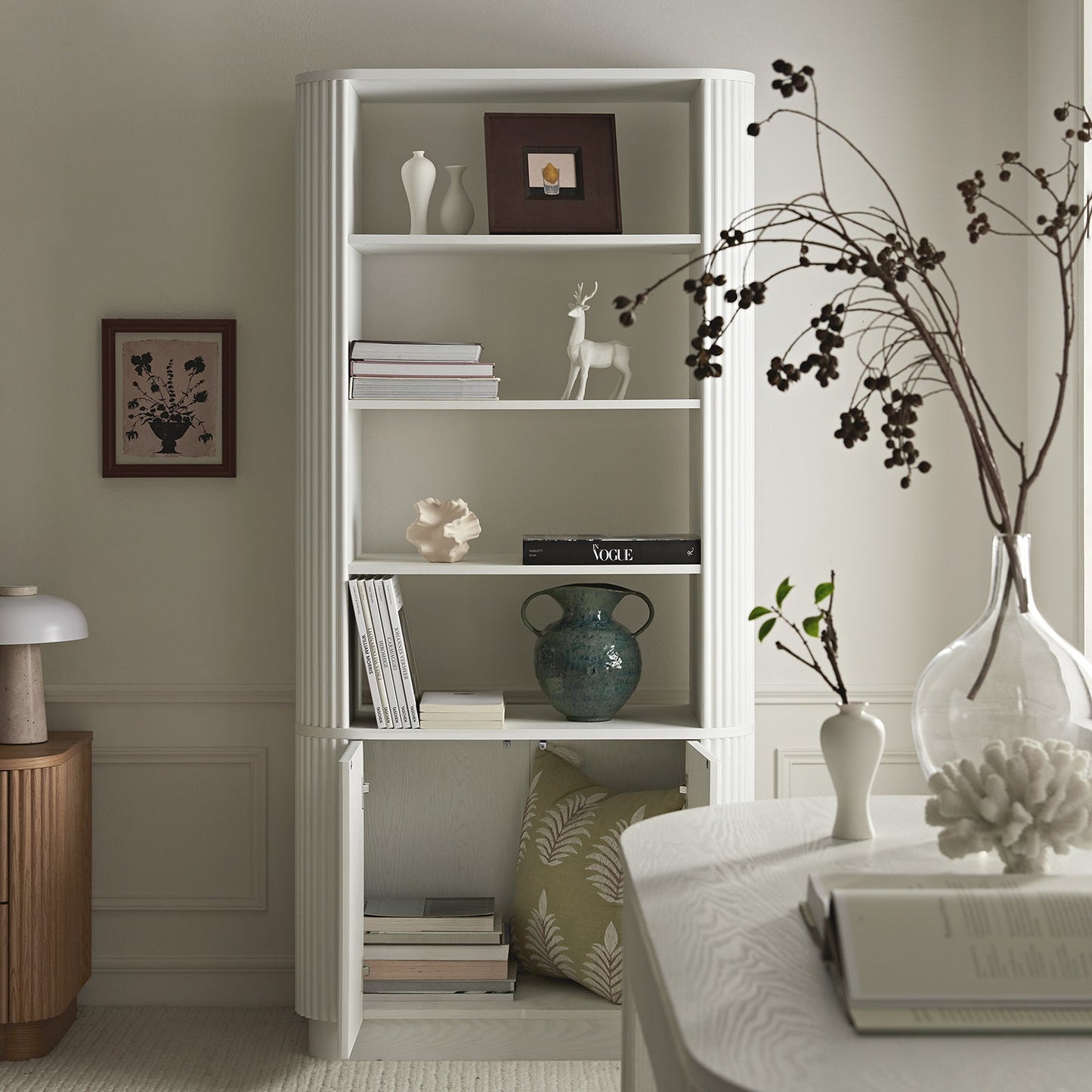 Maru Bookcase with Cabinet, Washed White