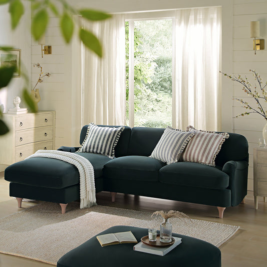 Daphnis Aegean Blue Velvet Sofa, Grande Chaise Sofa Left Hand Facing