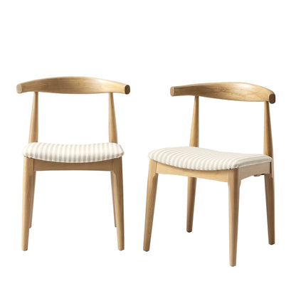 Arley Set of 2 Beech Wood Dining Chairs, Natural and Light Taupe Striped