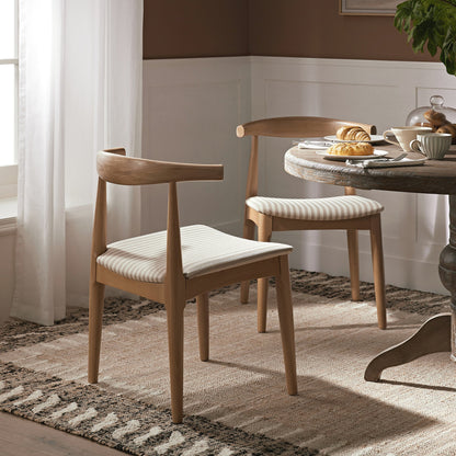 Arley Set of 2 Beech Wood Dining Chairs, Natural and Light Taupe Striped