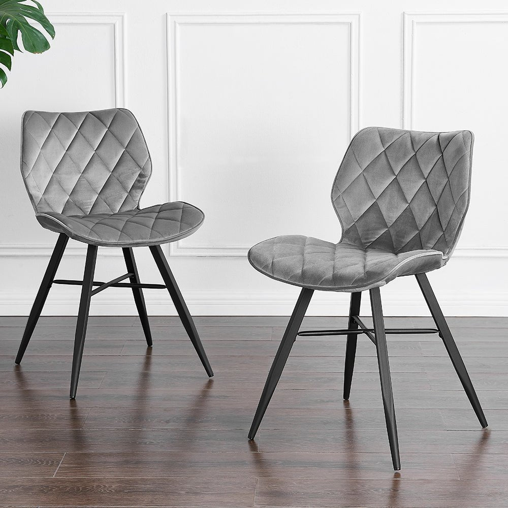 Set of 2 Ampney Diamond Stitch Light Grey Velvet Dining Chair Set of 2 with Metal Legs