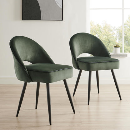 Oakley Set of 2 Dark Green Velvet Upholstered Dining Chairs with Contrast Piping