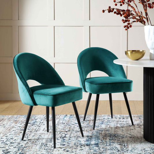Oakley Set of 2 Teal Velvet Upholstered Dining Chairs with Contrast Piping